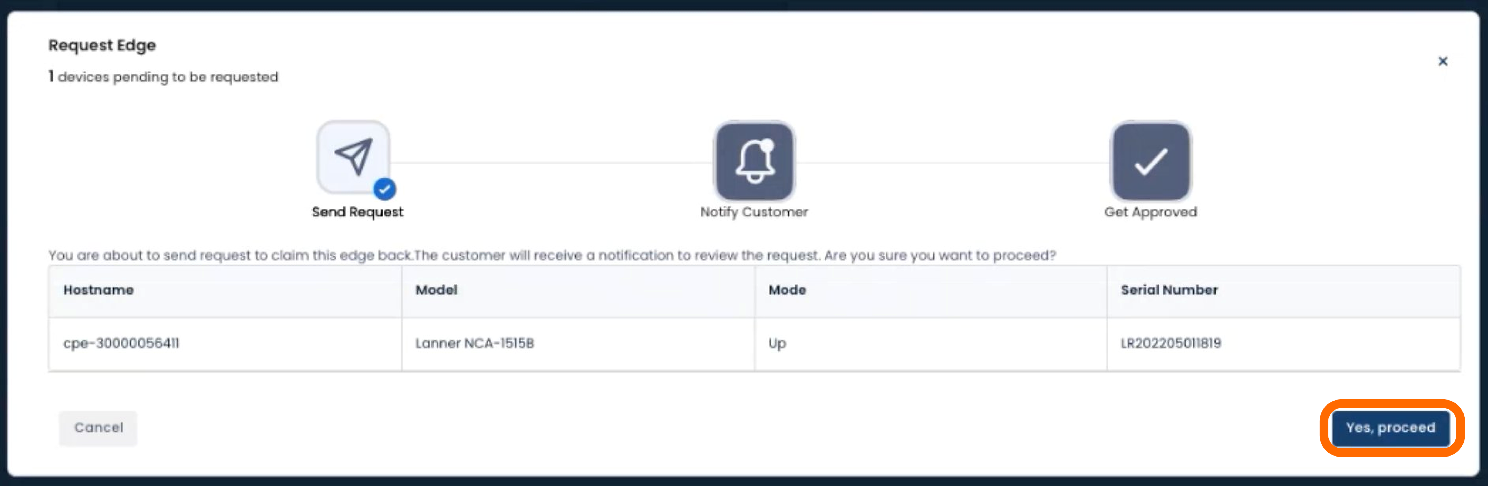 Requesting to claim a device with details like hostname and model information.